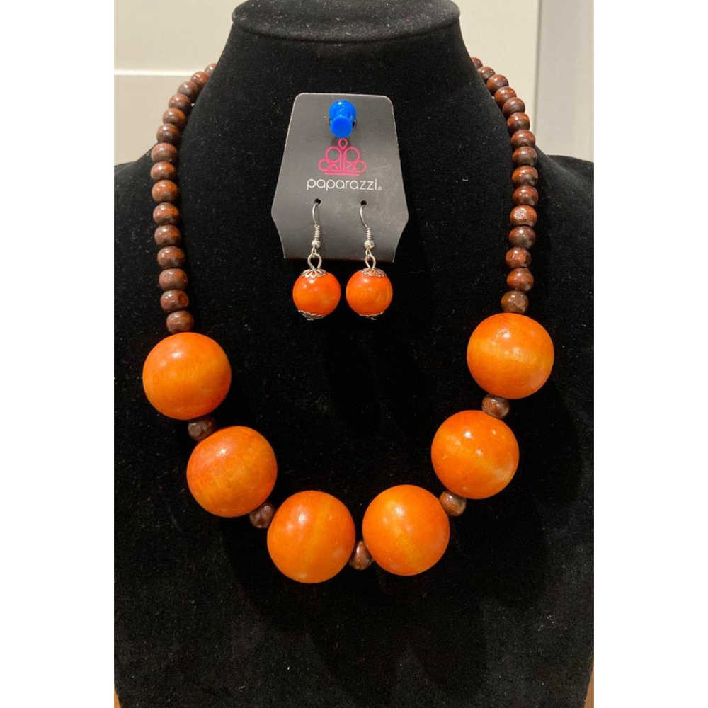 Orange wooden bead necklace with matching earrings